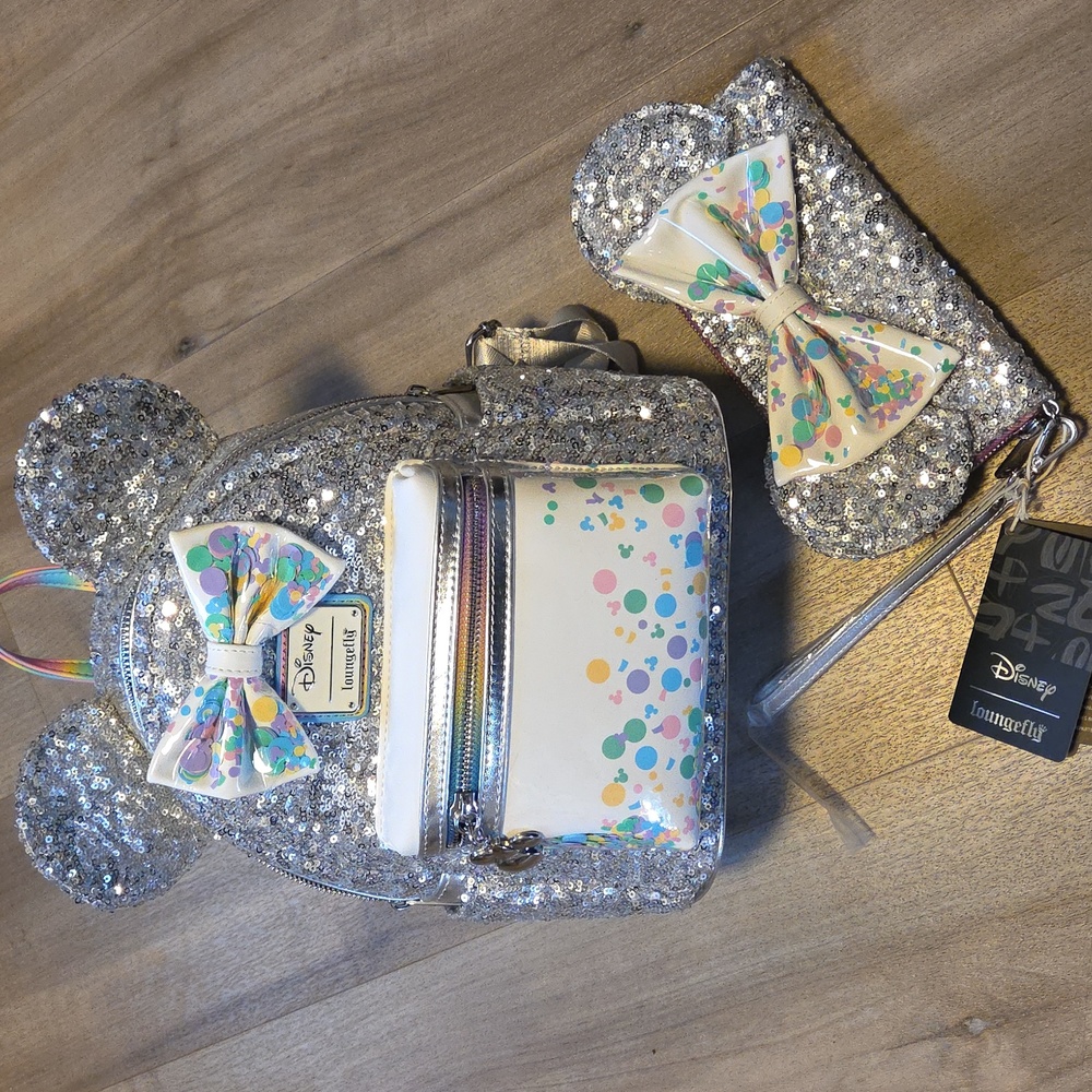 Loungefly Mickey And Friends Celebration Mini Backpack And Matching Wallet.